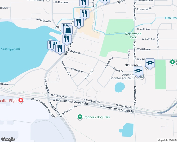 map of restaurants, bars, coffee shops, grocery stores, and more near 4719 Malibu Road in Anchorage
