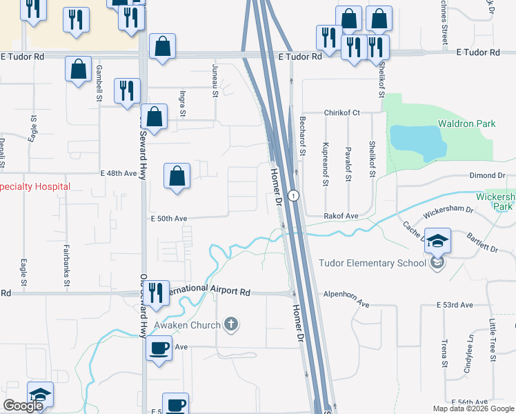 map of restaurants, bars, coffee shops, grocery stores, and more near 4900 Homer Drive in Anchorage