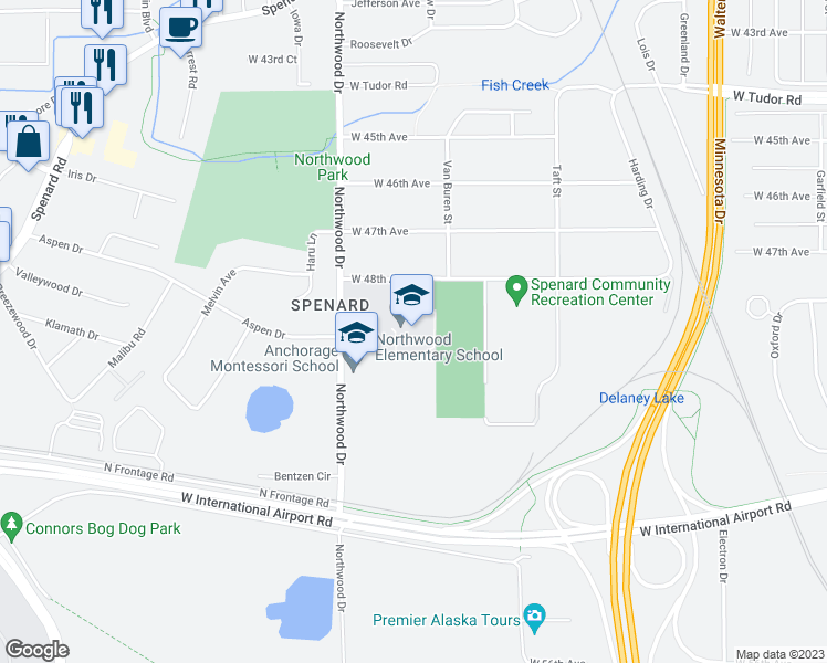 map of restaurants, bars, coffee shops, grocery stores, and more near 4807 Northwood Drive in Anchorage