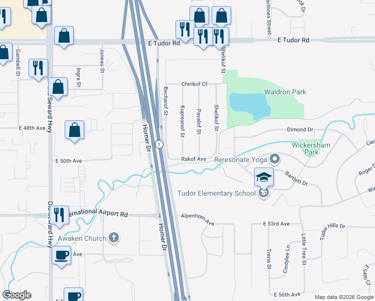 map of restaurants, bars, coffee shops, grocery stores, and more near 4900 Pavalof Street in Anchorage