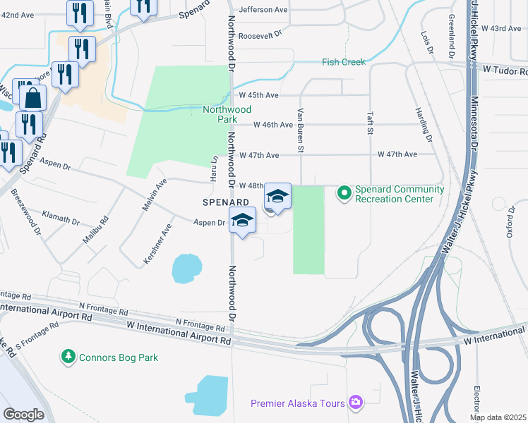 map of restaurants, bars, coffee shops, grocery stores, and more near 4807 Northwood Drive in Anchorage