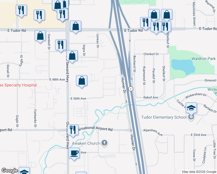 map of restaurants, bars, coffee shops, grocery stores, and more near 4987 Barrington Loop in Anchorage