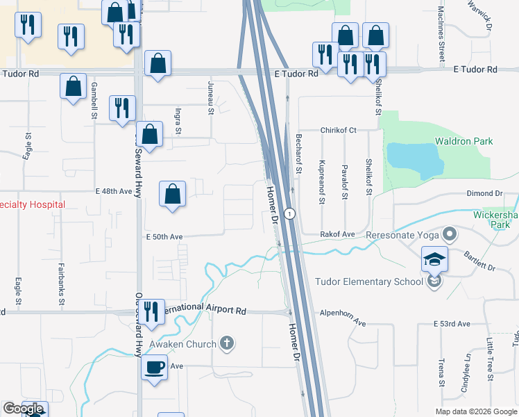 map of restaurants, bars, coffee shops, grocery stores, and more near 4900 Homer Drive in Anchorage