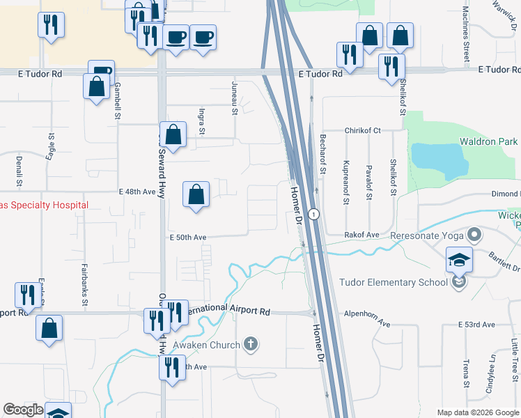 map of restaurants, bars, coffee shops, grocery stores, and more near Barrington Loop in Anchorage