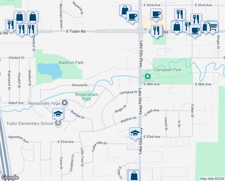 map of restaurants, bars, coffee shops, grocery stores, and more near 2051 Dimond Drive in Anchorage