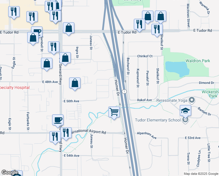 map of restaurants, bars, coffee shops, grocery stores, and more near 4904 Barrington Loop in Anchorage