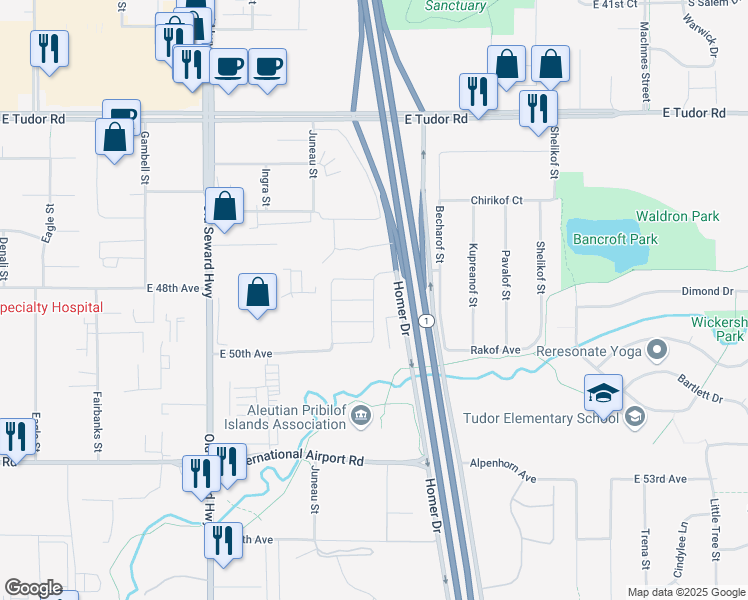 map of restaurants, bars, coffee shops, grocery stores, and more near Barrington Loop in Anchorage