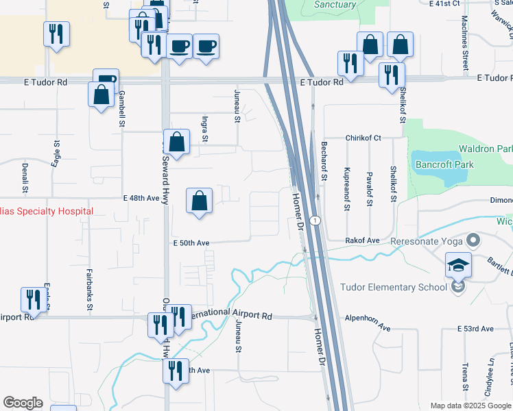 map of restaurants, bars, coffee shops, grocery stores, and more near 4878 Barrington Loop in Anchorage