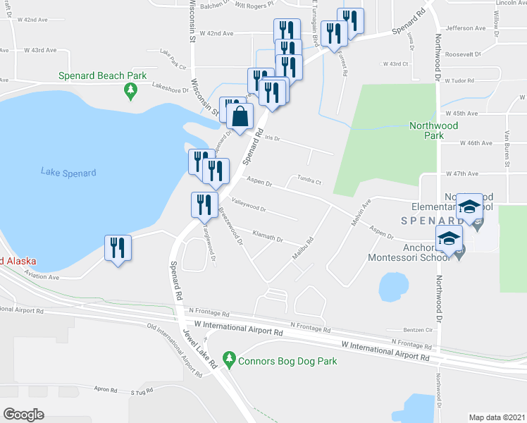 map of restaurants, bars, coffee shops, grocery stores, and more near 2902 Aspen Drive in Anchorage