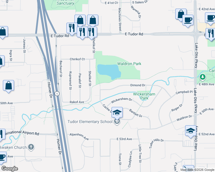 map of restaurants, bars, coffee shops, grocery stores, and more near 1611 Dimond Drive in Anchorage