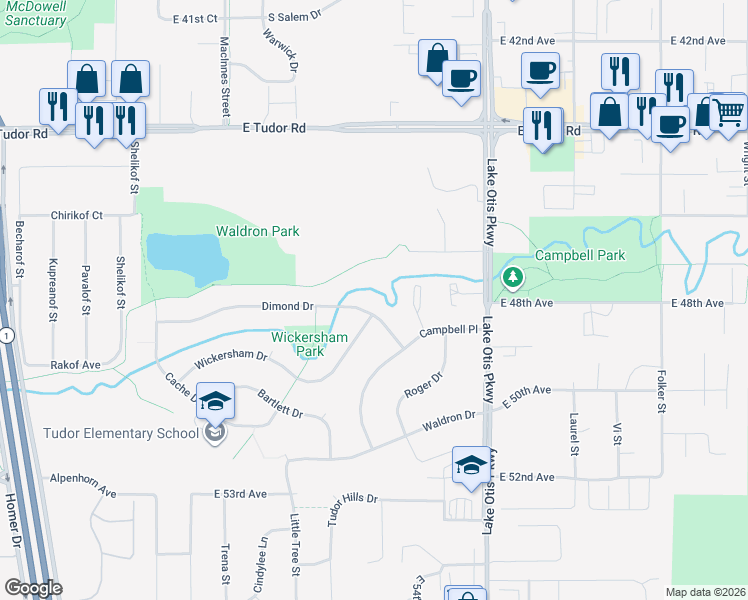 map of restaurants, bars, coffee shops, grocery stores, and more near 2051 Dimond Drive in Anchorage