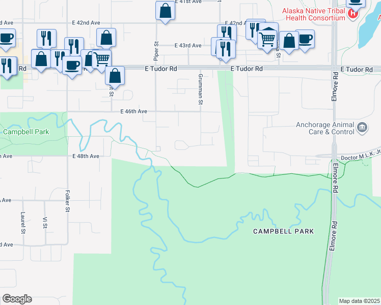 map of restaurants, bars, coffee shops, grocery stores, and more near 4766 Grumman Street in Anchorage
