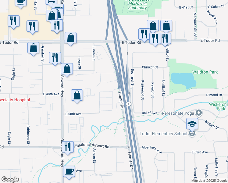 map of restaurants, bars, coffee shops, grocery stores, and more near 4904 Barrington Loop in Anchorage
