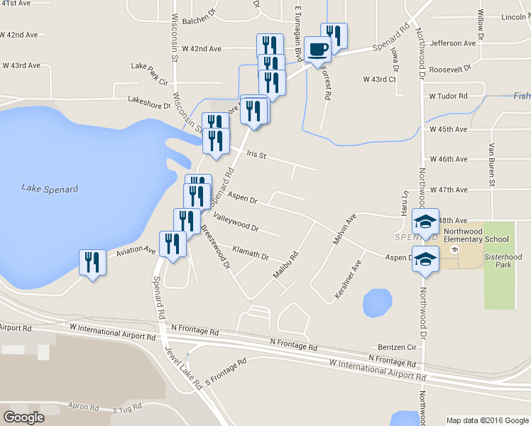 map of restaurants, bars, coffee shops, grocery stores, and more near 2810 Aspen Drive in Anchorage