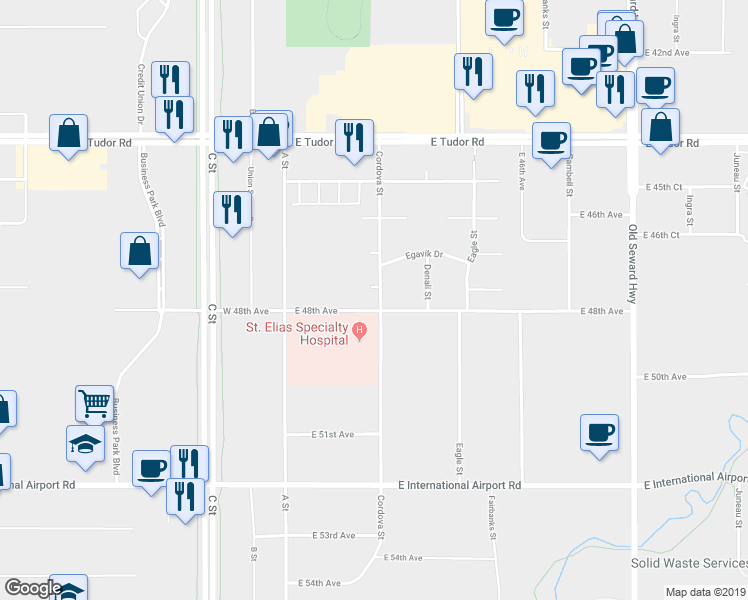 map of restaurants, bars, coffee shops, grocery stores, and more near 4760 Cordova Street in Anchorage