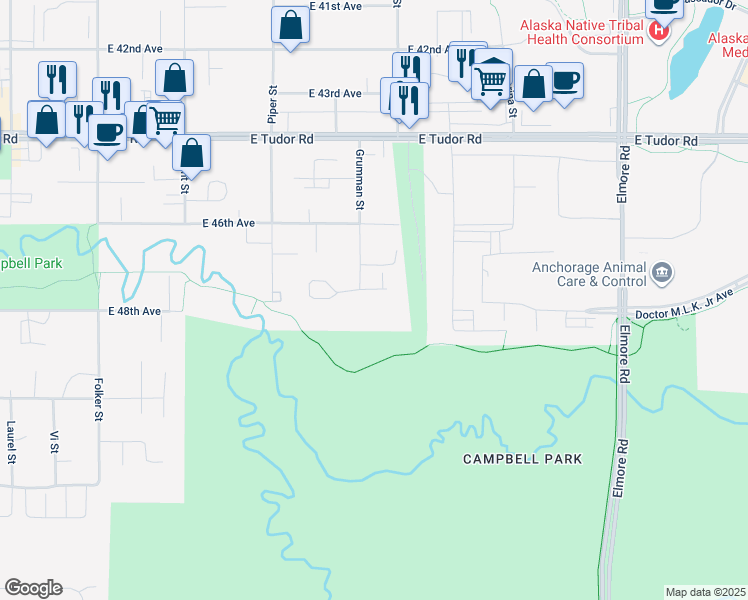 map of restaurants, bars, coffee shops, grocery stores, and more near 3300 Max Circle in Anchorage