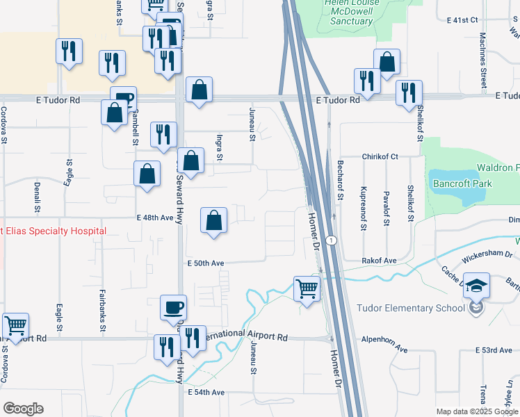 map of restaurants, bars, coffee shops, grocery stores, and more near 4858 Barrington Loop in Anchorage