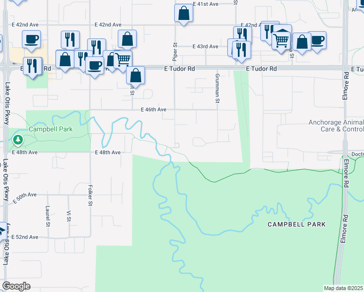 map of restaurants, bars, coffee shops, grocery stores, and more near 4750 Piper Street in Anchorage