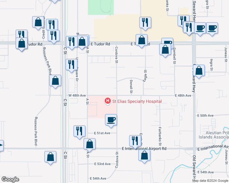 map of restaurants, bars, coffee shops, grocery stores, and more near 4760 Cordova Street in Anchorage