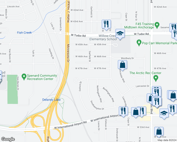 map of restaurants, bars, coffee shops, grocery stores, and more near 1406 West 47th Avenue in Anchorage