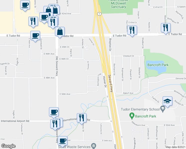map of restaurants, bars, coffee shops, grocery stores, and more near 4878 Barrington Loop in Anchorage
