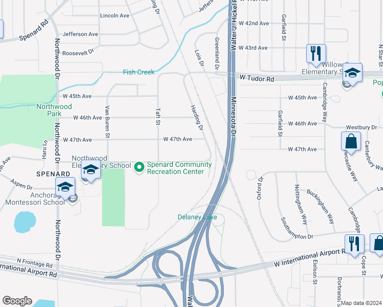 map of restaurants, bars, coffee shops, grocery stores, and more near 4706 Harding Drive in Anchorage