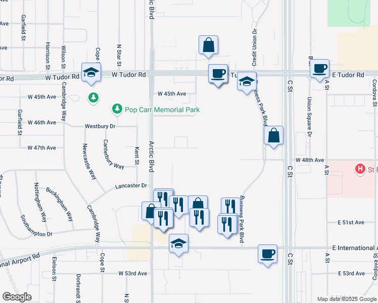 map of restaurants, bars, coffee shops, grocery stores, and more near 600 West 47th Avenue in Anchorage