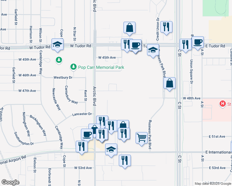 map of restaurants, bars, coffee shops, grocery stores, and more near 600 West 47th Avenue in Anchorage