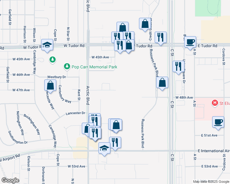 map of restaurants, bars, coffee shops, grocery stores, and more near 600 West 47th Avenue in Anchorage