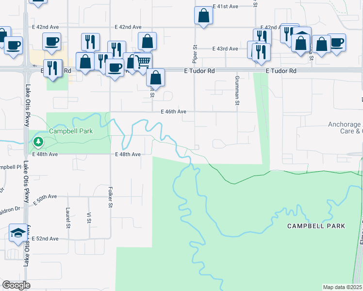 map of restaurants, bars, coffee shops, grocery stores, and more near 4750 Piper Street in Anchorage