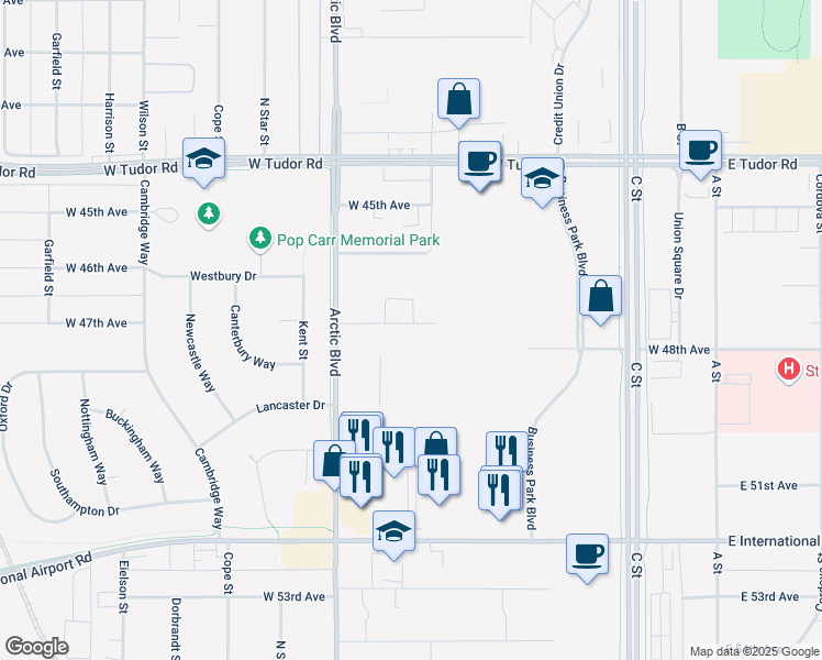 map of restaurants, bars, coffee shops, grocery stores, and more near 600 West 47th Avenue in Anchorage