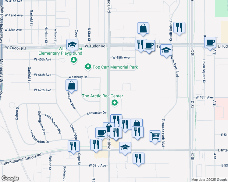 map of restaurants, bars, coffee shops, grocery stores, and more near 740 West 47th Avenue in Anchorage