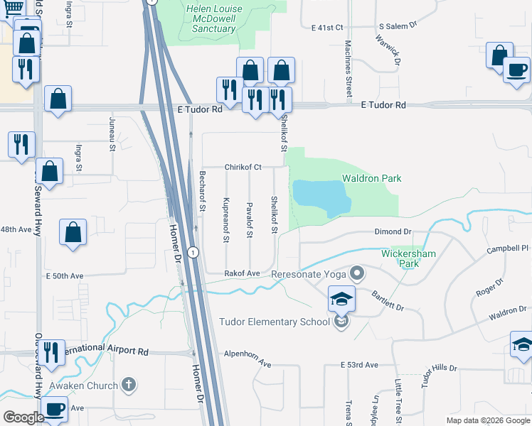map of restaurants, bars, coffee shops, grocery stores, and more near 4800 Shelikof Street in Anchorage