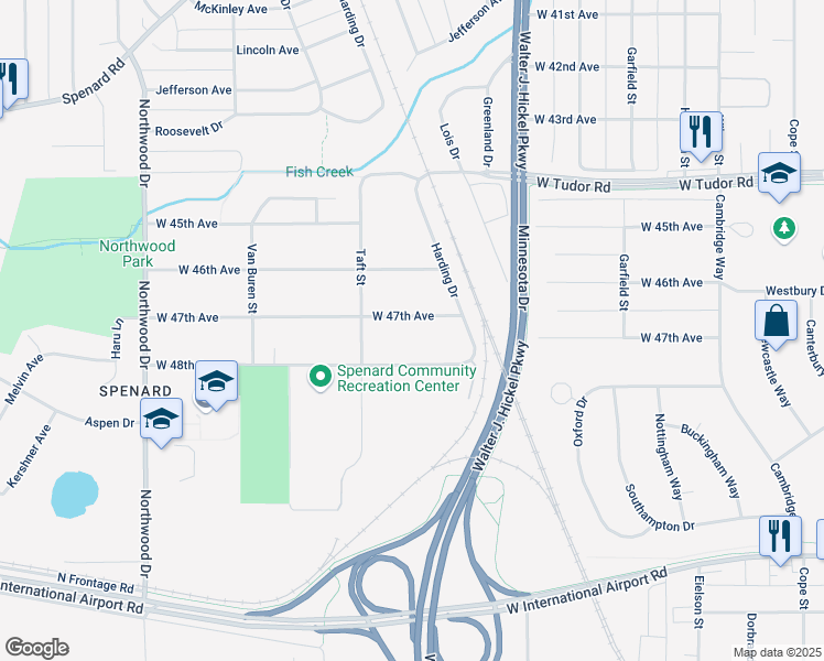 map of restaurants, bars, coffee shops, grocery stores, and more near 4706 Harding Drive in Anchorage