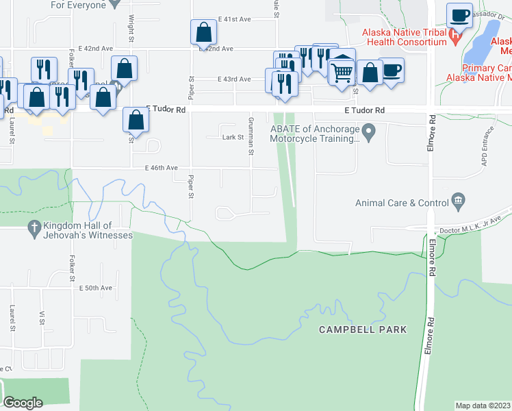 map of restaurants, bars, coffee shops, grocery stores, and more near 3300 Max Circle in Anchorage