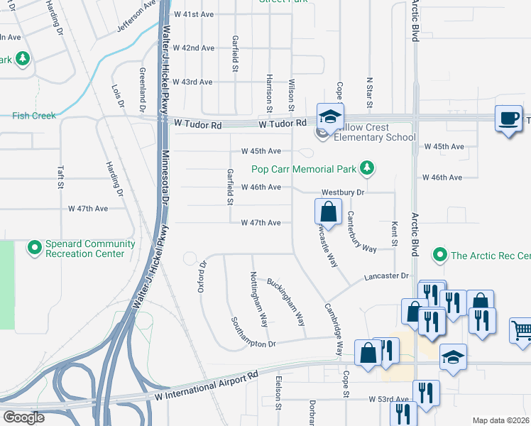map of restaurants, bars, coffee shops, grocery stores, and more near 1210 West 47th Avenue in Anchorage