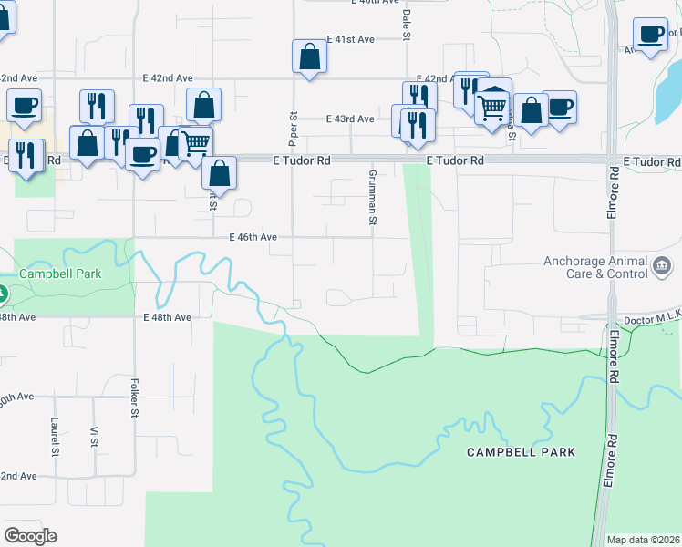 map of restaurants, bars, coffee shops, grocery stores, and more near 4720 Grumman Street in Anchorage