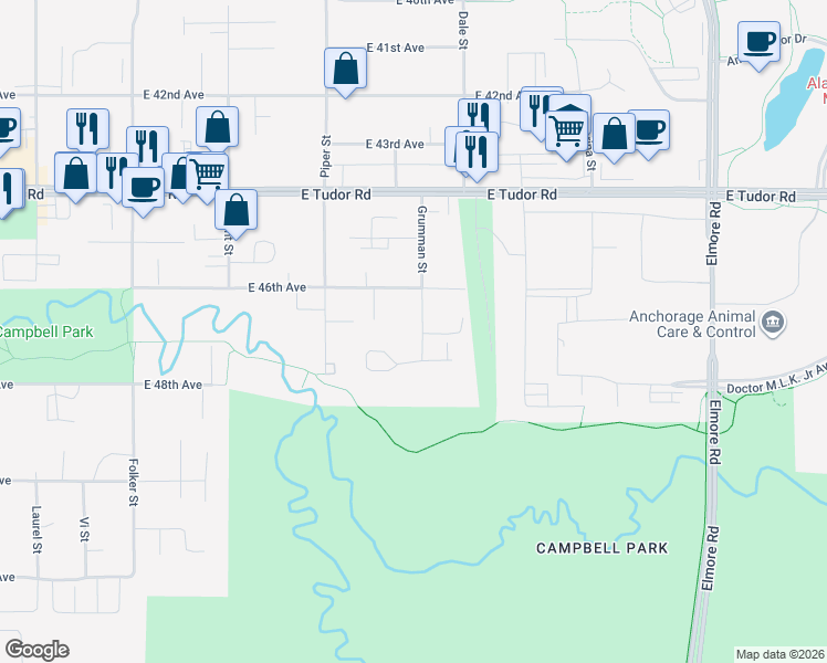 map of restaurants, bars, coffee shops, grocery stores, and more near 4720 Grumman Street in Anchorage