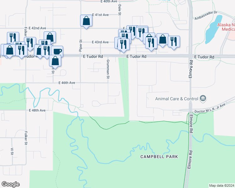 map of restaurants, bars, coffee shops, grocery stores, and more near 3312 East 46th Avenue in Anchorage