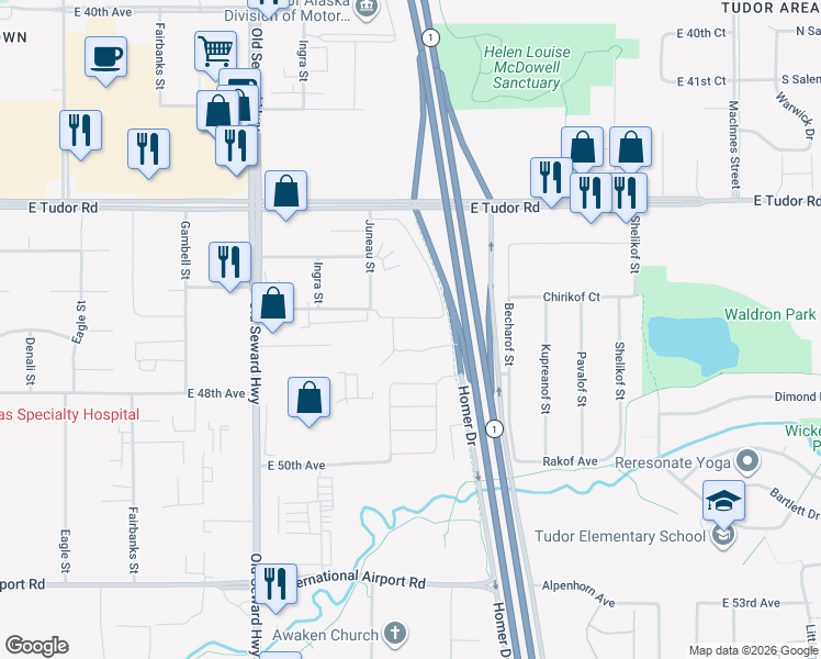 map of restaurants, bars, coffee shops, grocery stores, and more near 22 Homer Drive in Anchorage