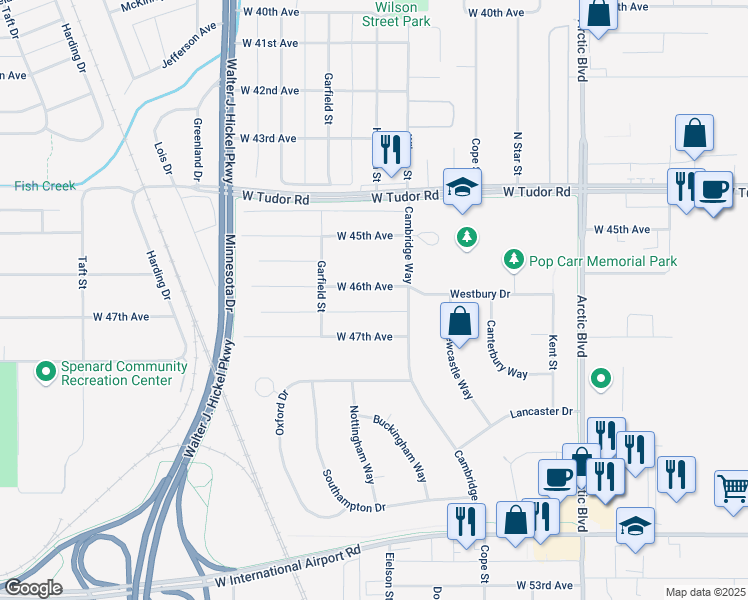 map of restaurants, bars, coffee shops, grocery stores, and more near 1208 West 46th Avenue in Anchorage