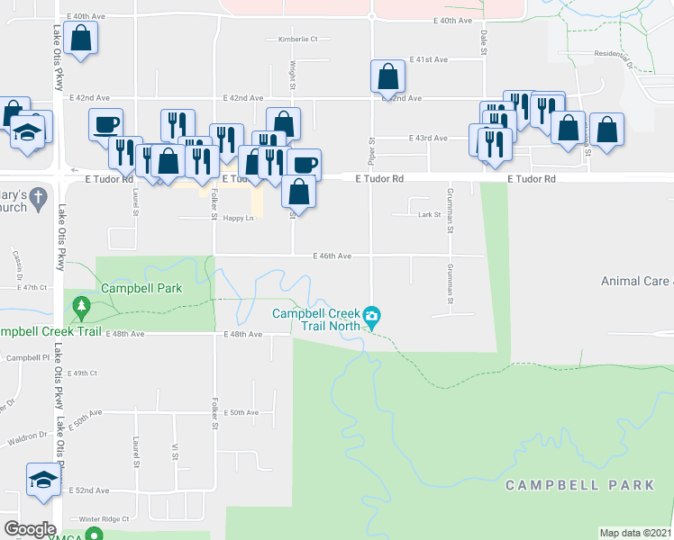 map of restaurants, bars, coffee shops, grocery stores, and more near 3031 East 46th Avenue in Anchorage