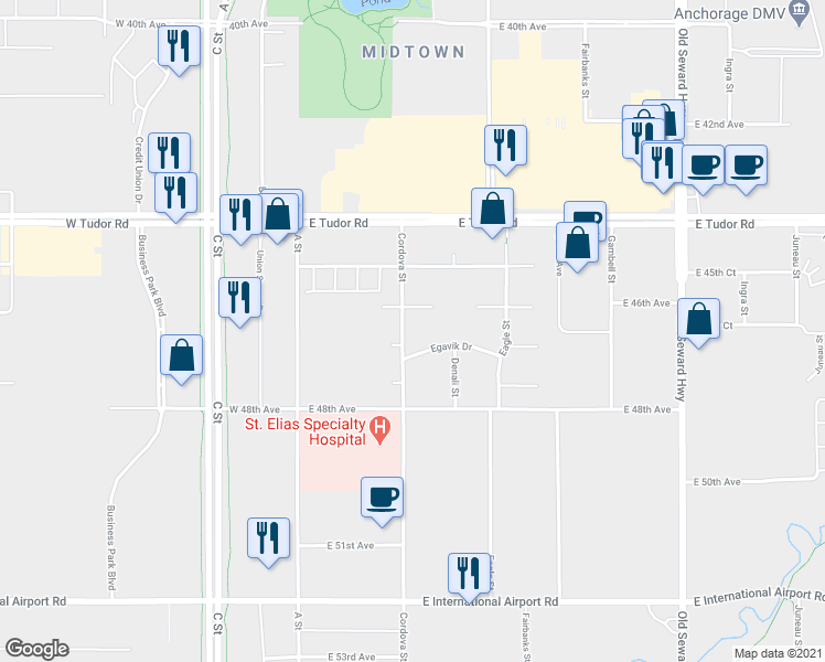 map of restaurants, bars, coffee shops, grocery stores, and more near 4601 Cordova Street in Anchorage