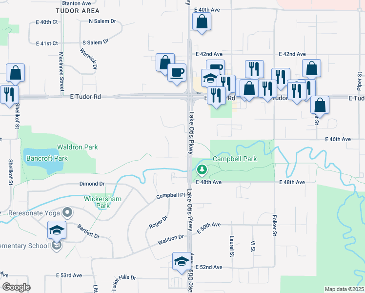 map of restaurants, bars, coffee shops, grocery stores, and more near 4508 Lake Otis Parkway in Anchorage