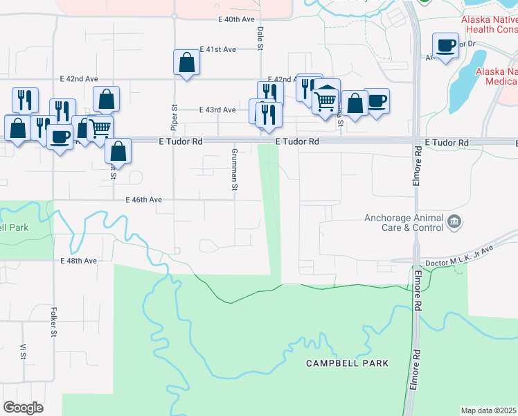 map of restaurants, bars, coffee shops, grocery stores, and more near 3312 East 46th Avenue in Anchorage