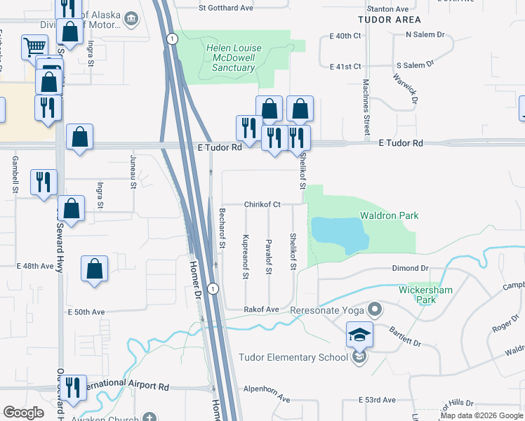 map of restaurants, bars, coffee shops, grocery stores, and more near 4600 Pavalof Street in Anchorage