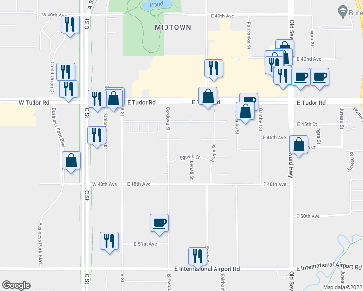 map of restaurants, bars, coffee shops, grocery stores, and more near 320 East 46th Avenue in Anchorage