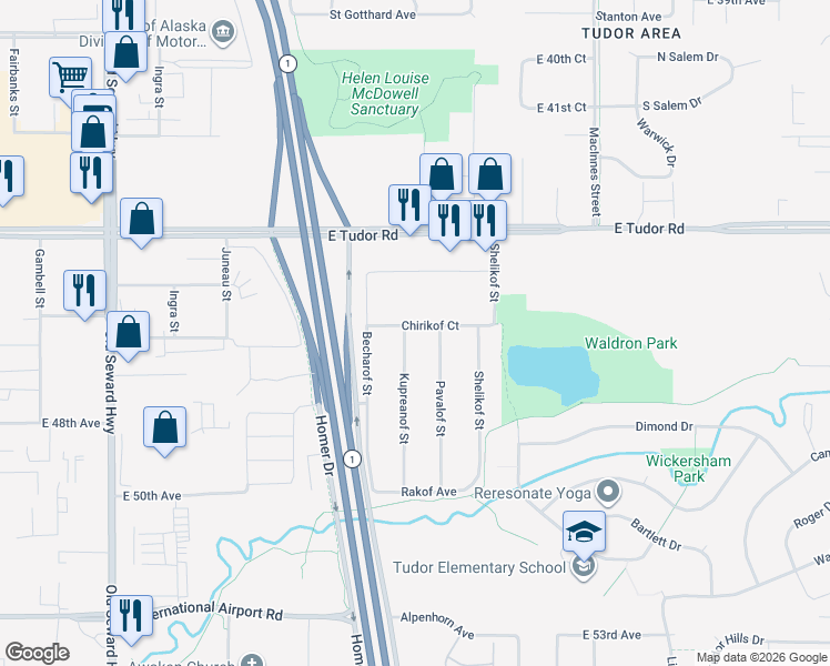 map of restaurants, bars, coffee shops, grocery stores, and more near 4600 Pavalof Street in Anchorage