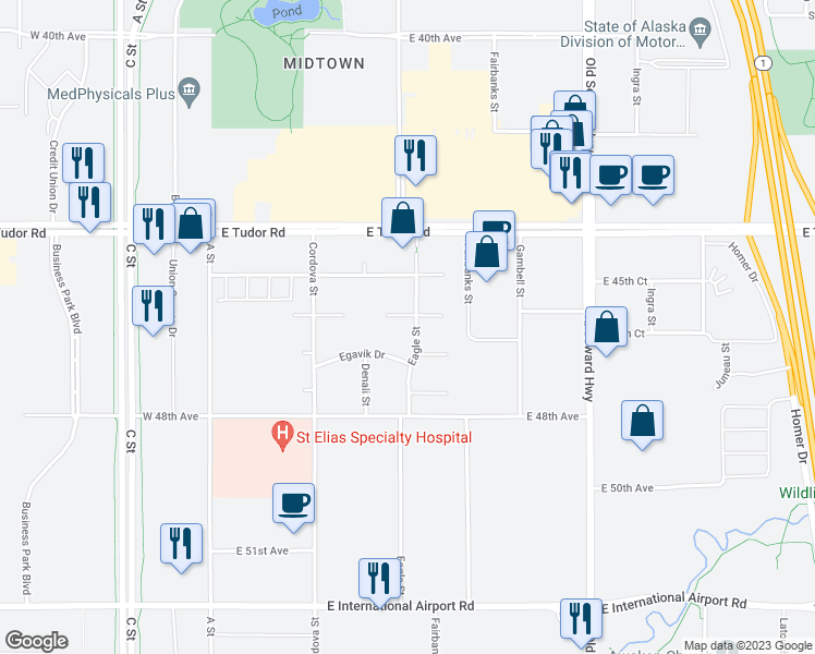 map of restaurants, bars, coffee shops, grocery stores, and more near 4600 Eagle Street in Anchorage