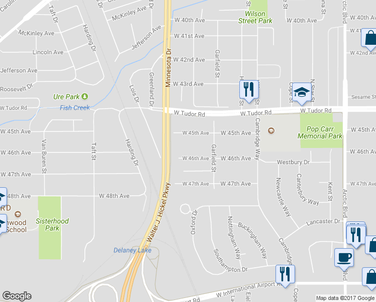 map of restaurants, bars, coffee shops, grocery stores, and more near 1503 W 46th Ave in Anchorage